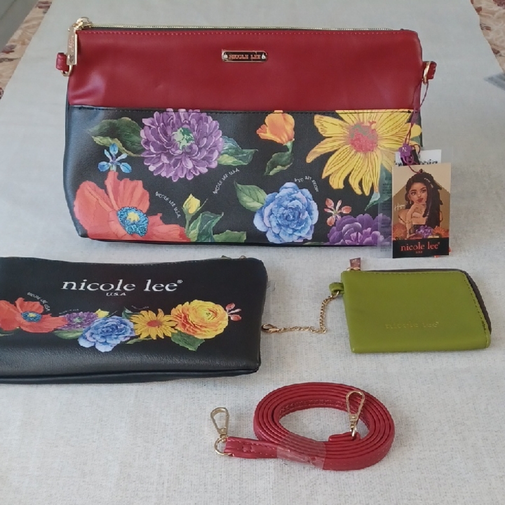 Nicole Lee Red and Black Floral Crossbody Bag